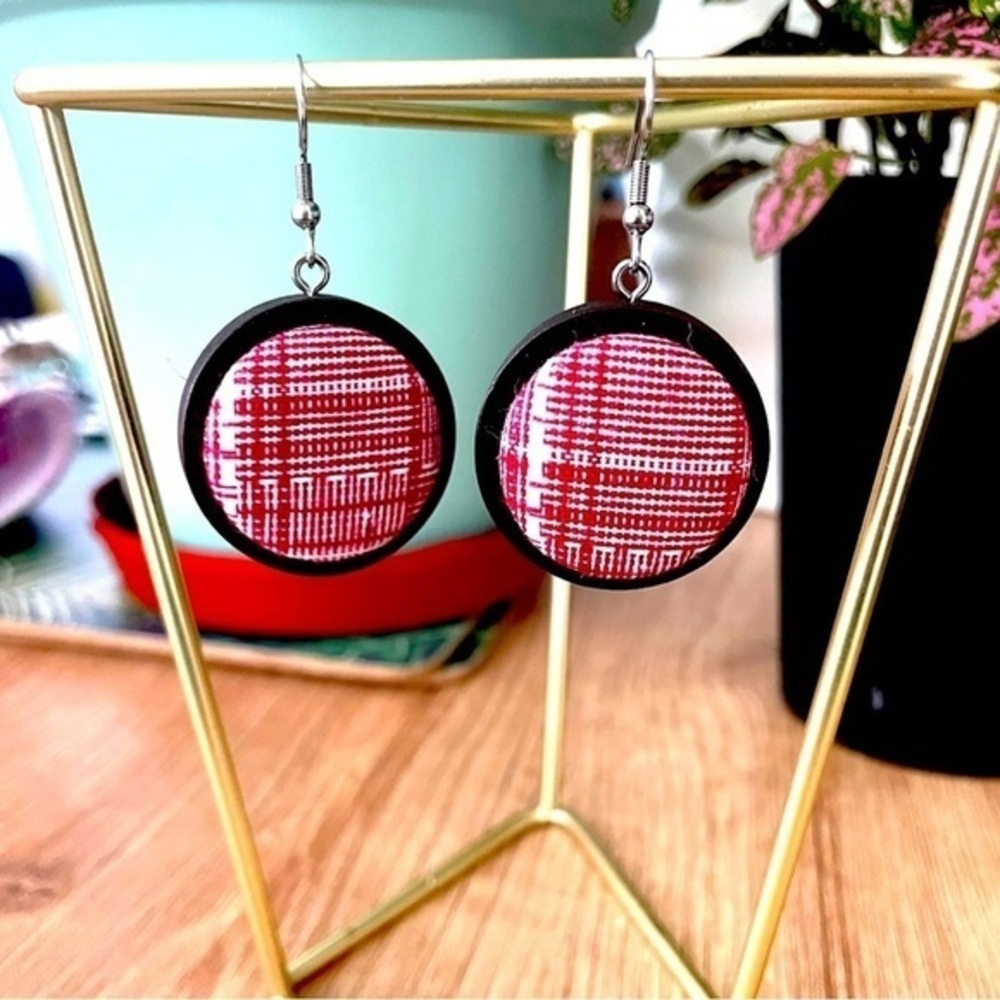 Handmade Chunky Retro Fabric Button Wood Earrings, 25mm, NWT